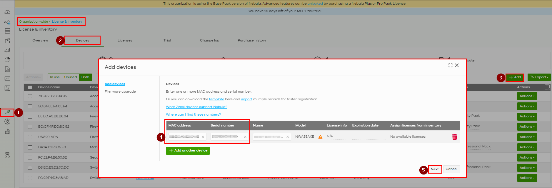 Add device form in Nebula
