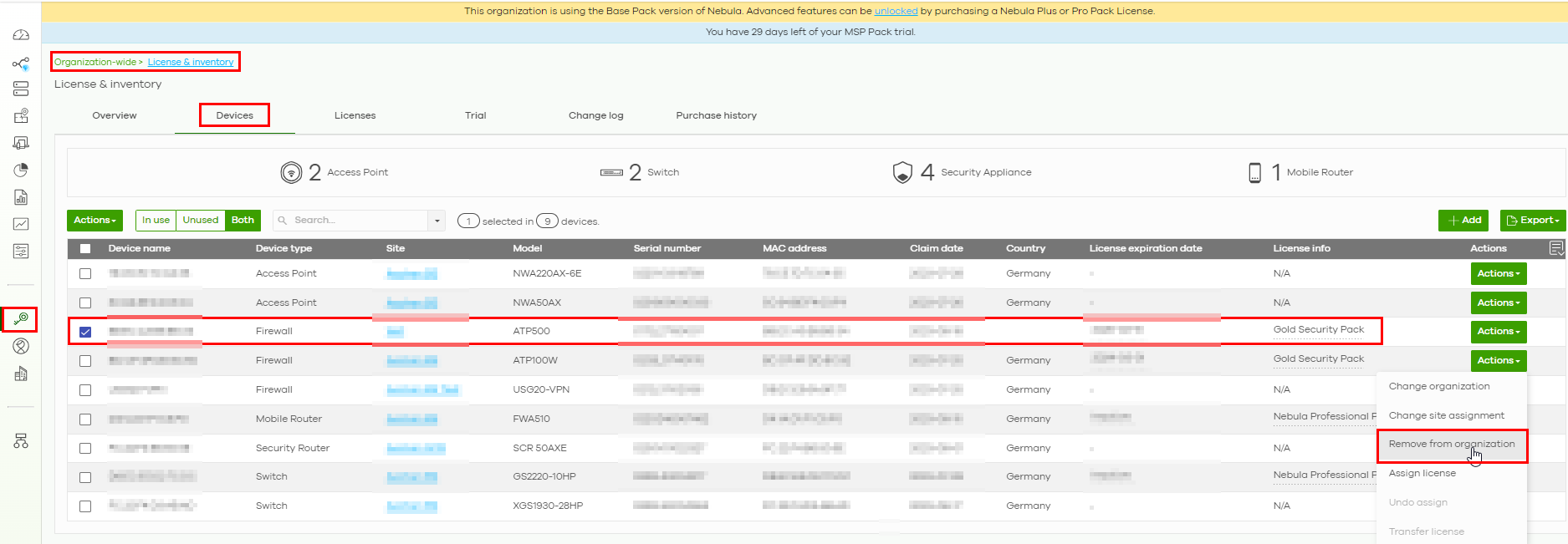 Remove device from organization page