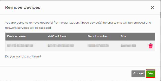 Remove device confirmation window