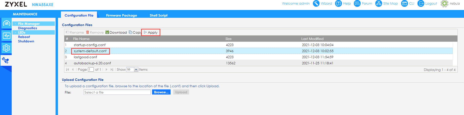 NWA55AXE configuration file reset page