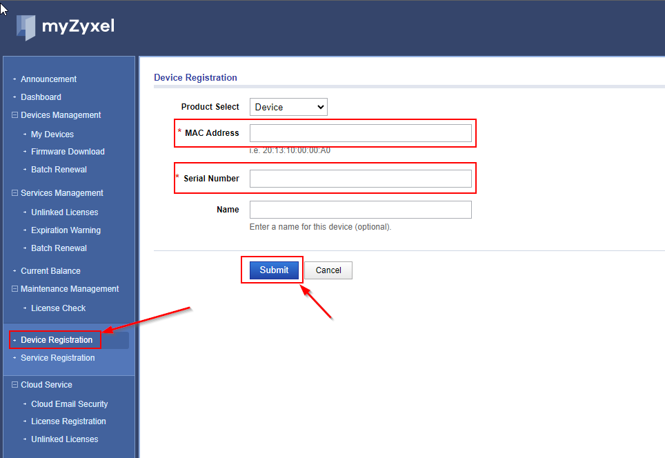 MyZyxel device registration form