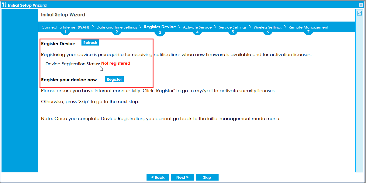 Firewall registration wizard page