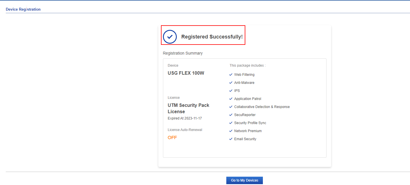 Registered successfully message