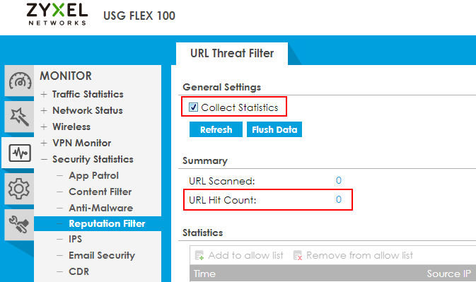 URL Threat Filter statistics page