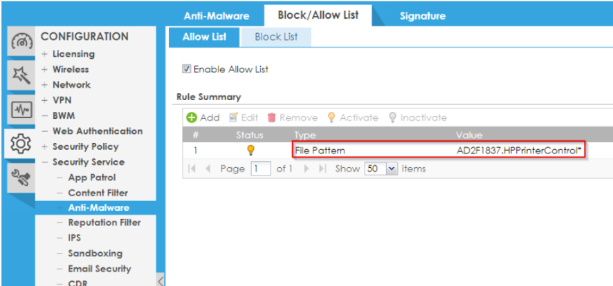 Anti-Malware allow list rule