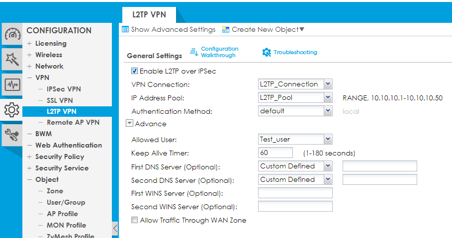  L2TP settings