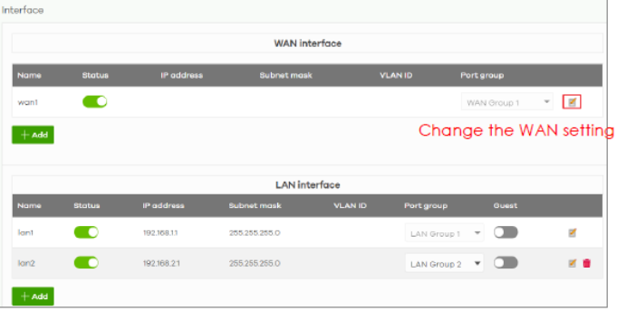 WAN interface IP settings