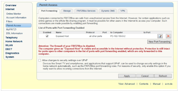 Exposed host port forwarding rule