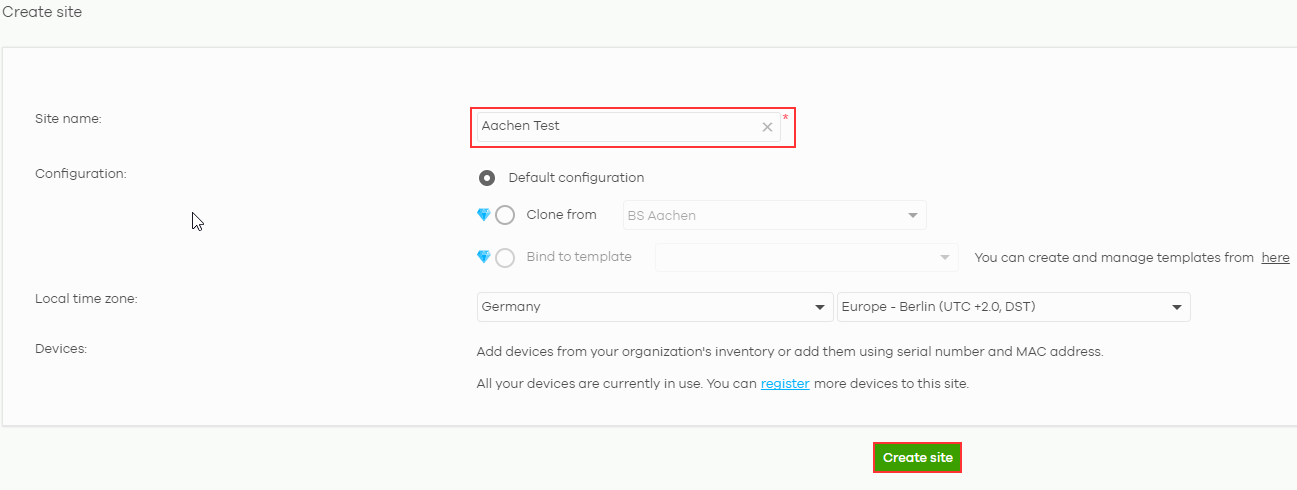 Site creation settings page