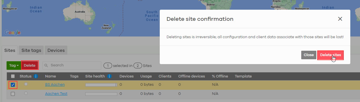 Delete site confirmation dialog