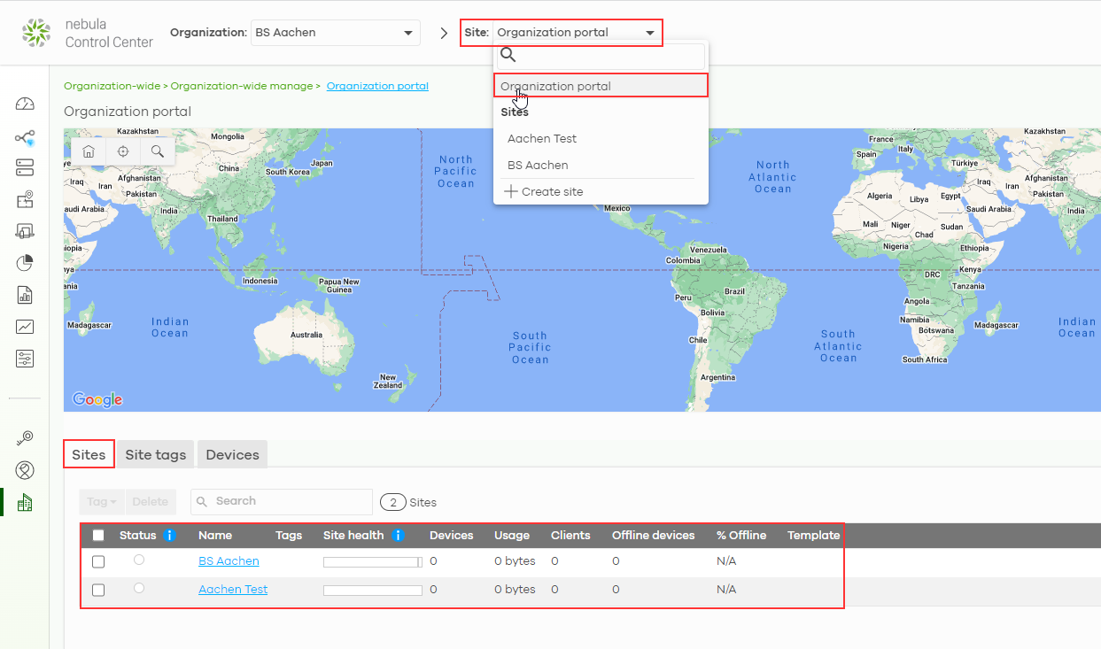 Select site for deletion in organization portal