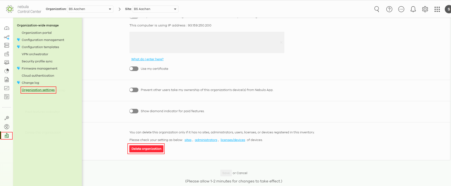 Organization settings page with delete option