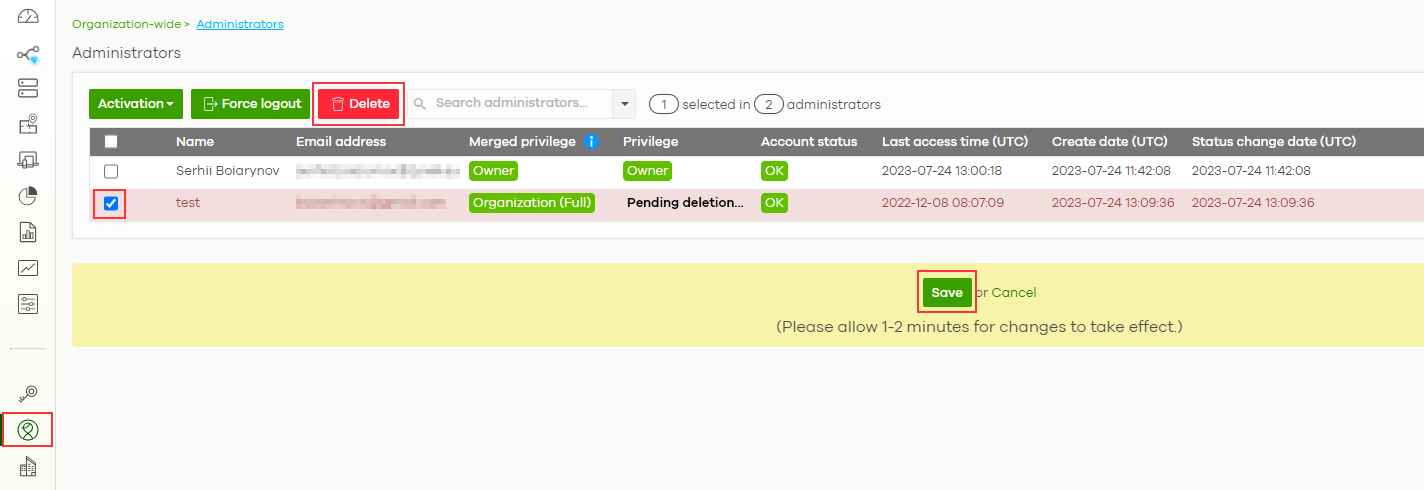 Administrator list with delete administrator option