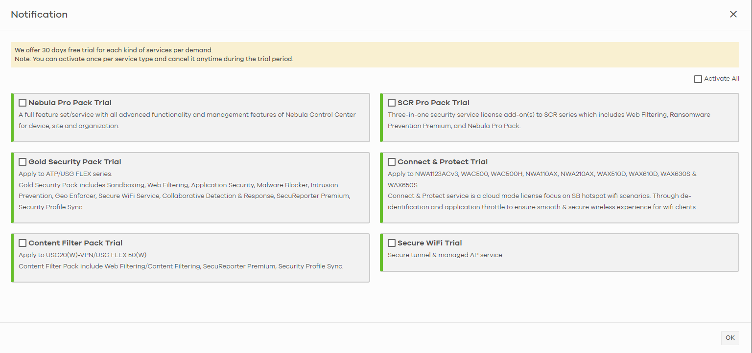 Nebula trial services screen