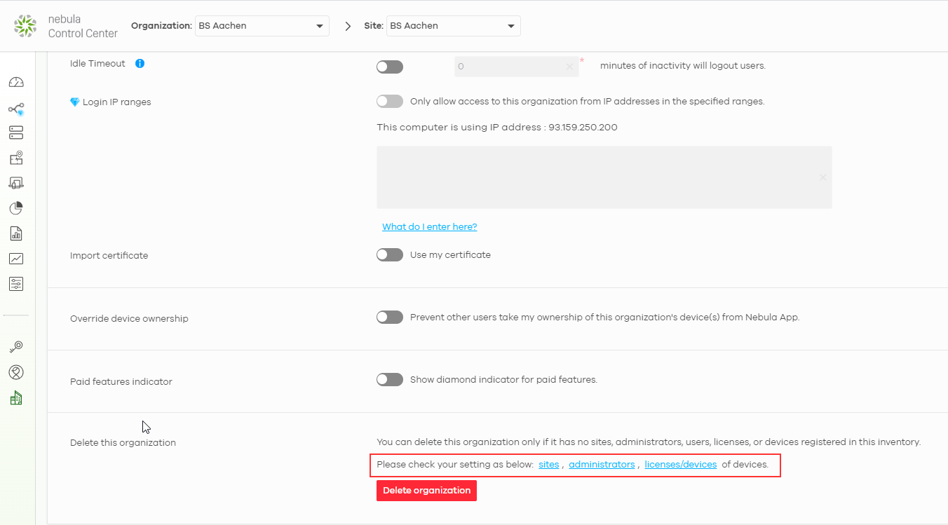 Organization settings showing remaining resources
