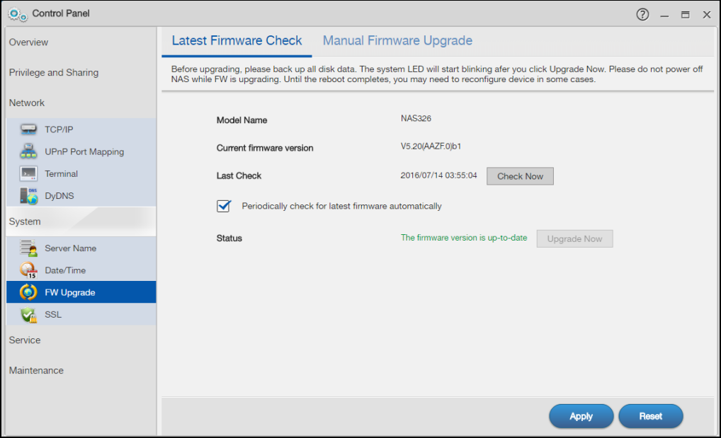 Firmware upgrade settings page