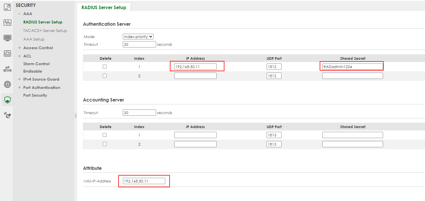 RADIUS server setup page