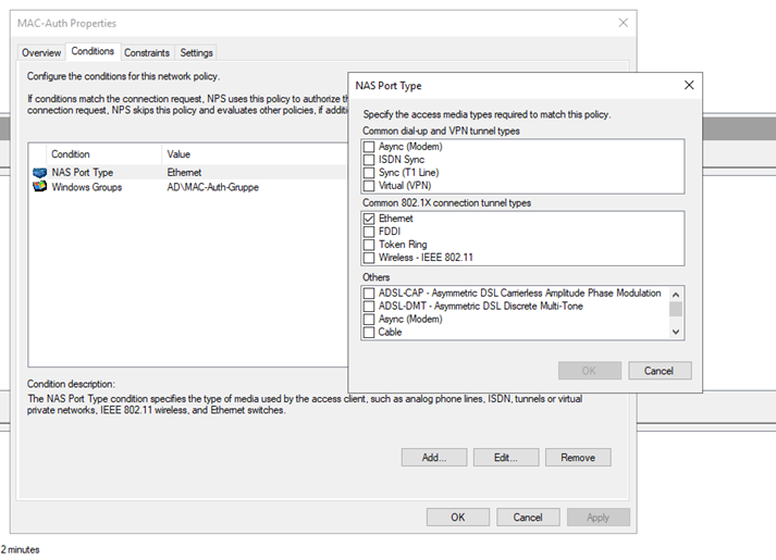 NAS port type configuration window