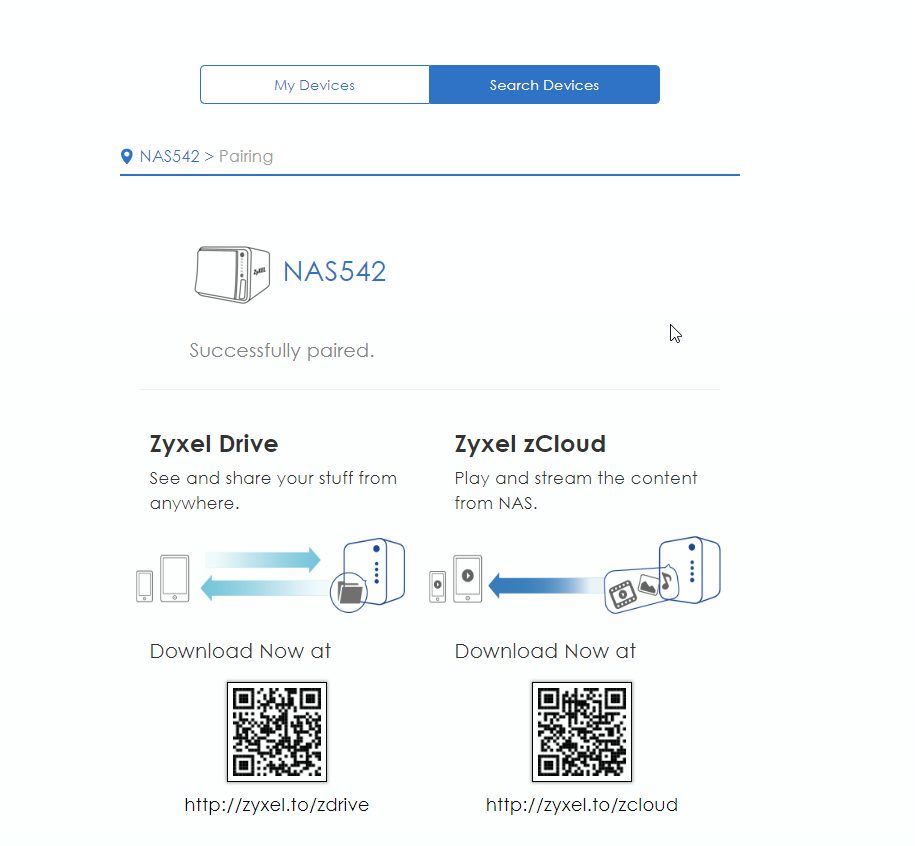 Successfully paired NAS screen