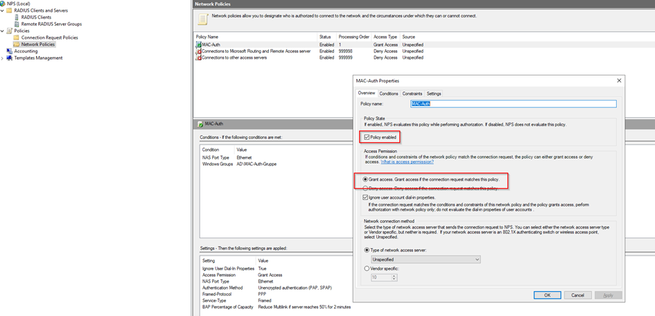 Network policy settings page