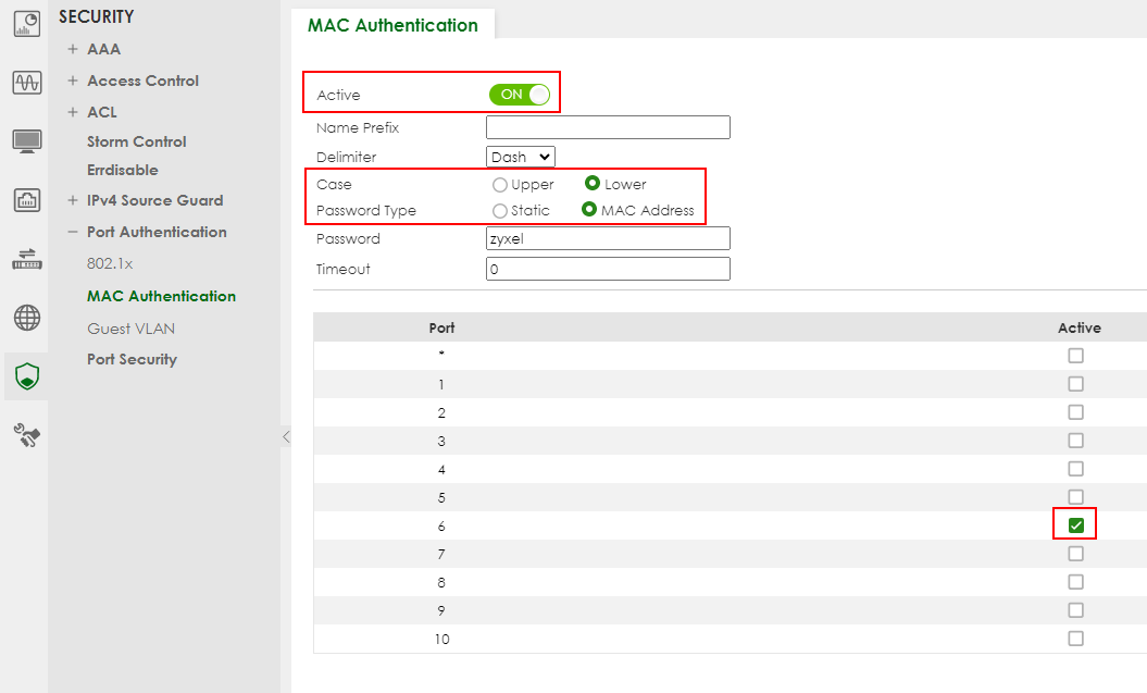 Switch MAC authentication settings
