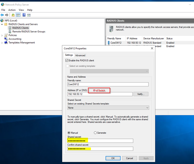 NPS RADIUS client settings