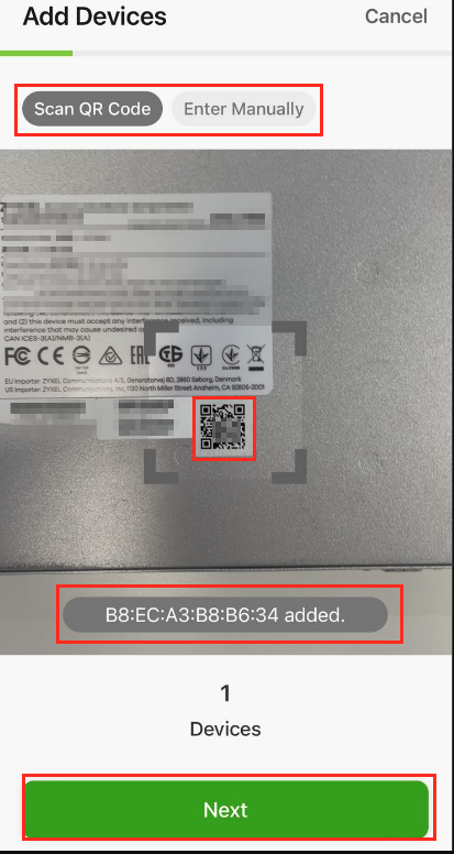 QR code scan registration screen