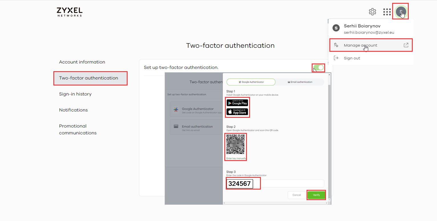Zyxel Portal [MyZyxelPortal/Nebula]- Two Factor Authentication and