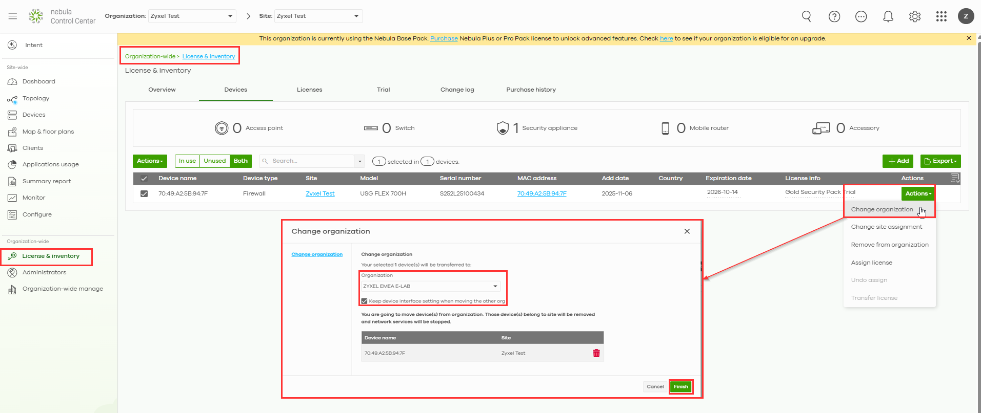 Change organization assignment window