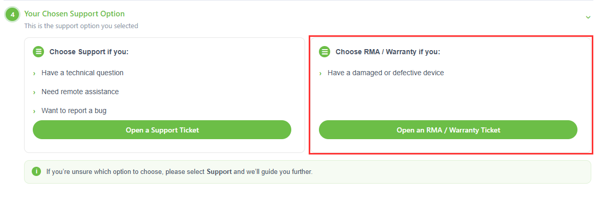 Next, select "Open an RMA / Warranty Ticket."