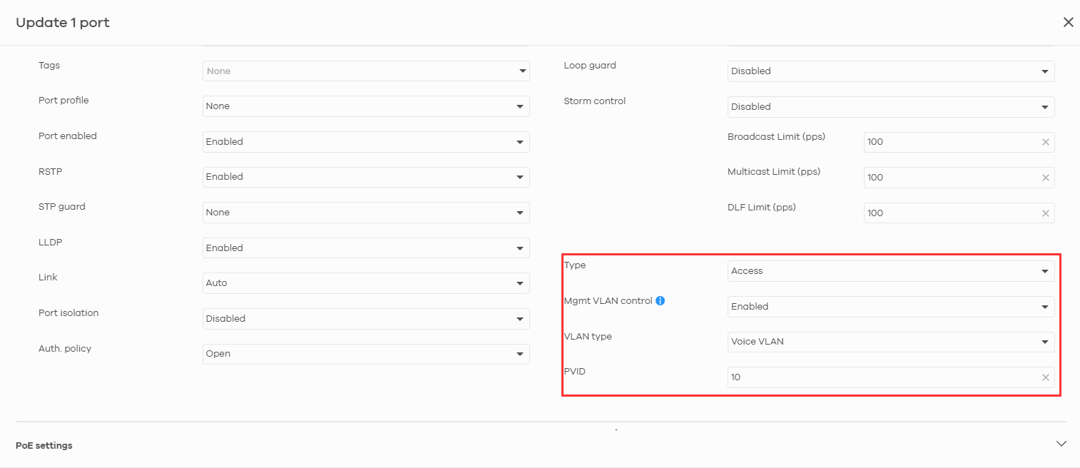 Select and edit the port(s) which are connected to the IP phones, and set the port type as “access”. Assign a PVID for the ports. PVID is used to tag the data packets with the VLAN ID. Next, we’ll use the “Voice VLAN” feature to identify the voice packets for the switch.