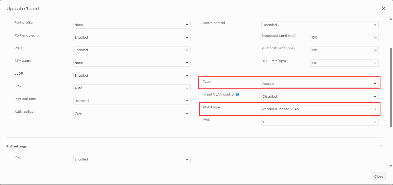 The port type needs to be changed to access port; otherwise, the VLAN type is hidden.